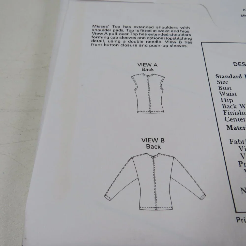 Kwik Sew 1602 Sewing Pattern UNCUT shirt long & sleeveless w shoulder pads
